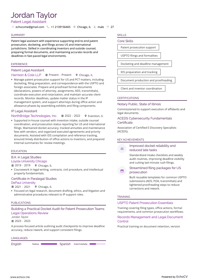 Patent Legal Assistant example resume