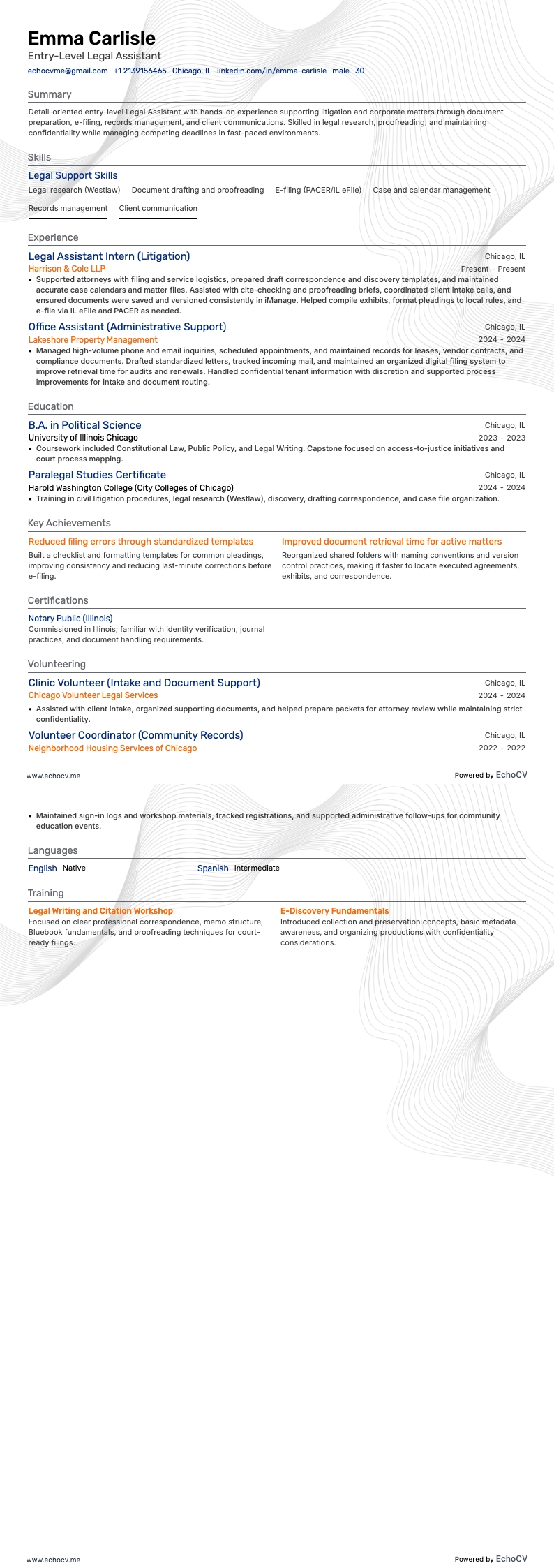 Entry-Level Legal Assistant example resume