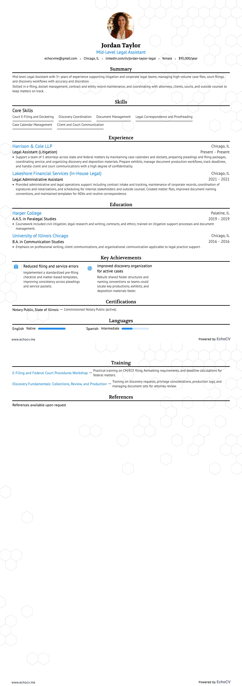 Mid-Level Legal Assistant example resume