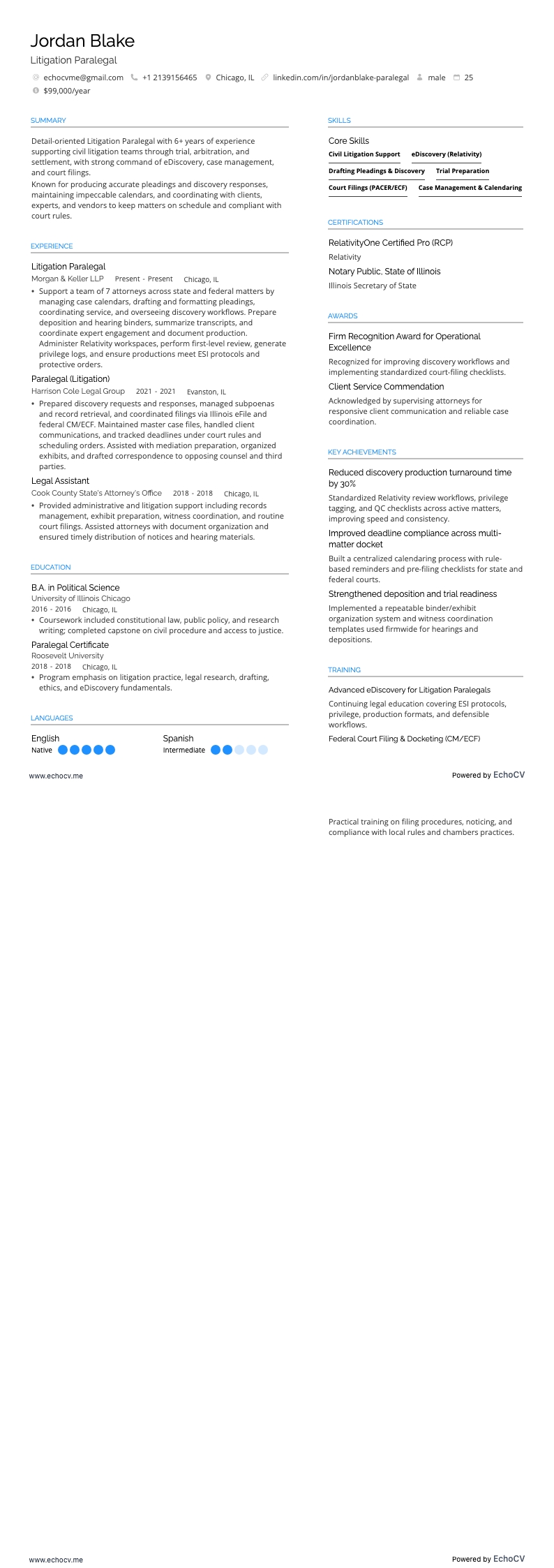 Litigation Paralegal example resume