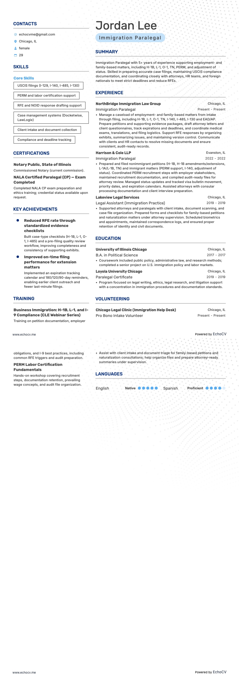 Immigration Paralegal example resume