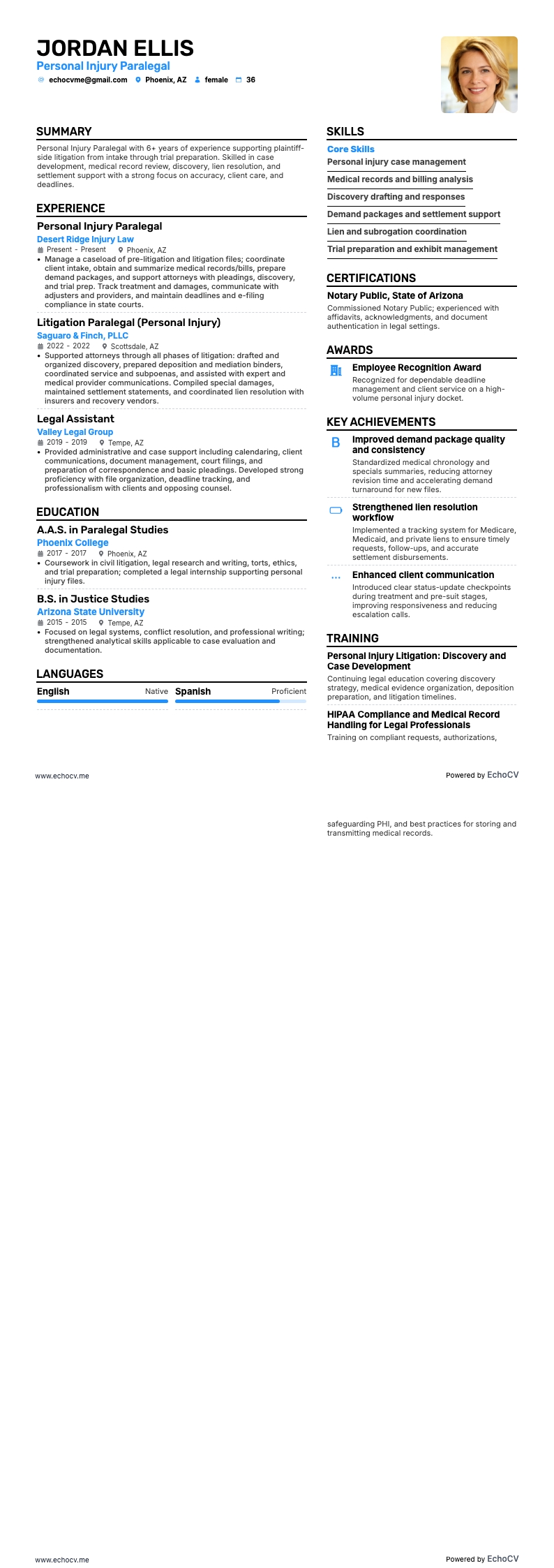 Personal Injury Paralegal example resume