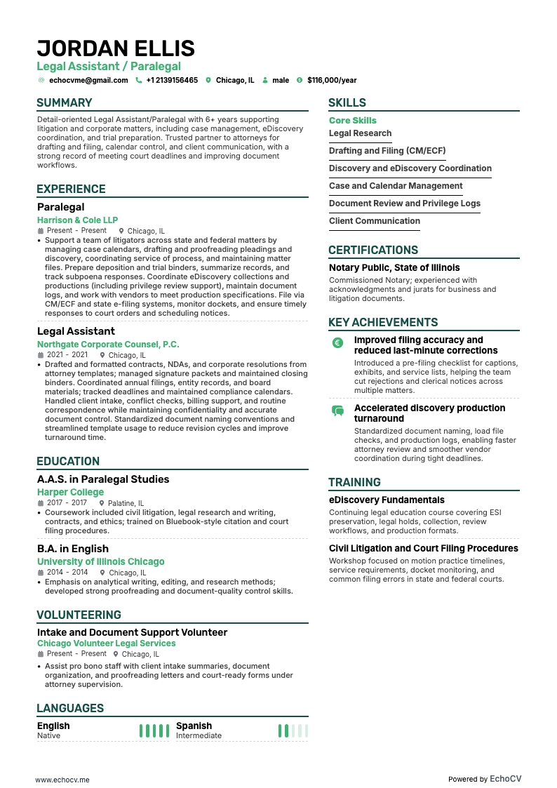 Legal Assistant Paralegal example resume