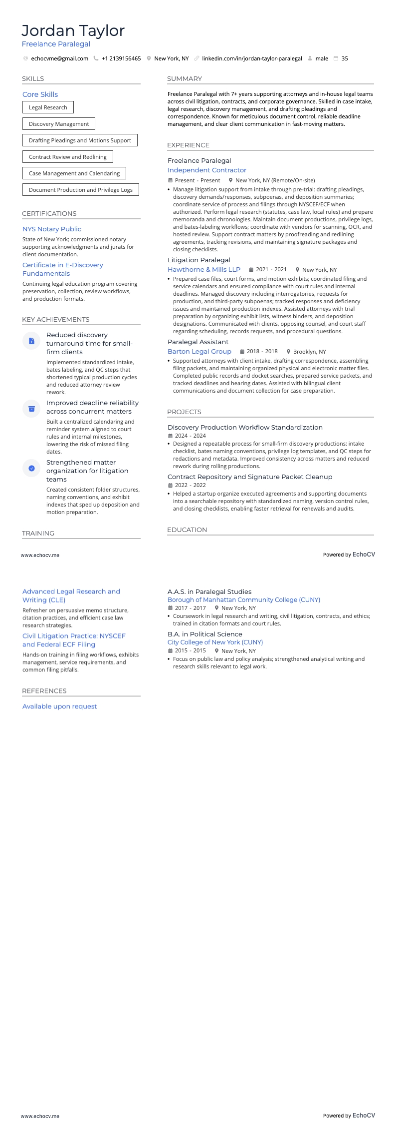 Freelance Paralegal example resume