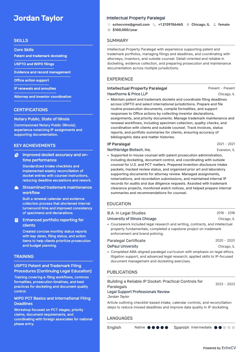 Intellectual Property Paralegal example resume