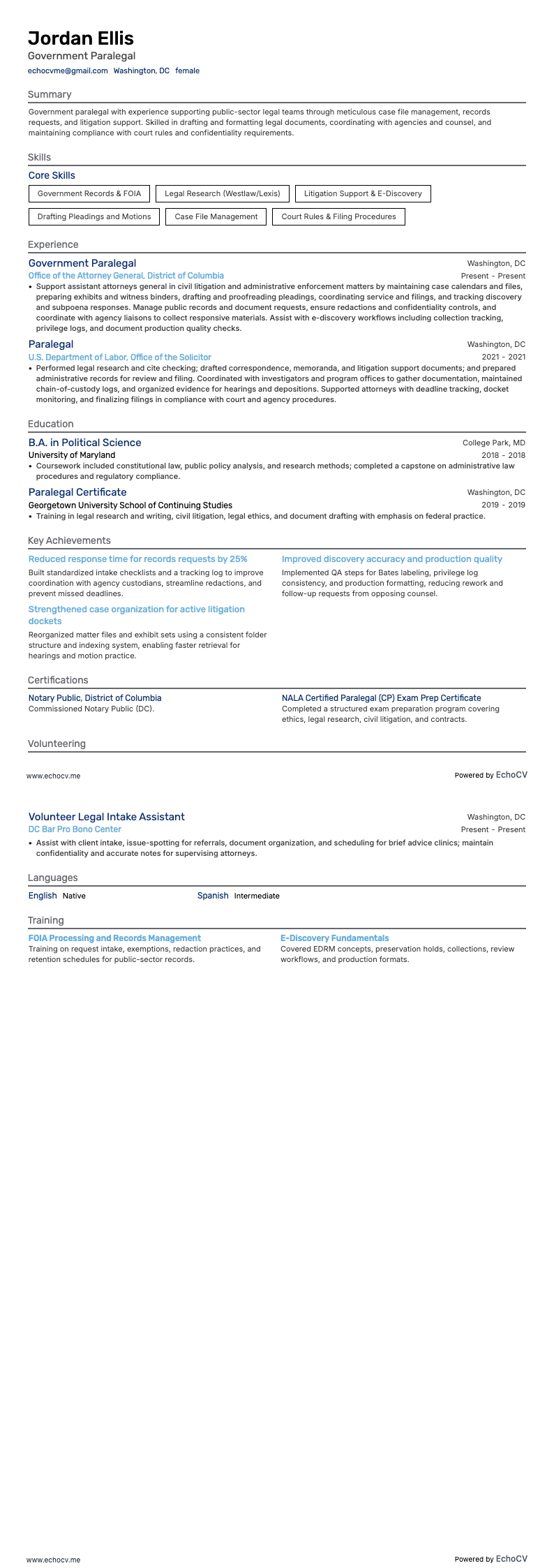 Government Paralegal example resume