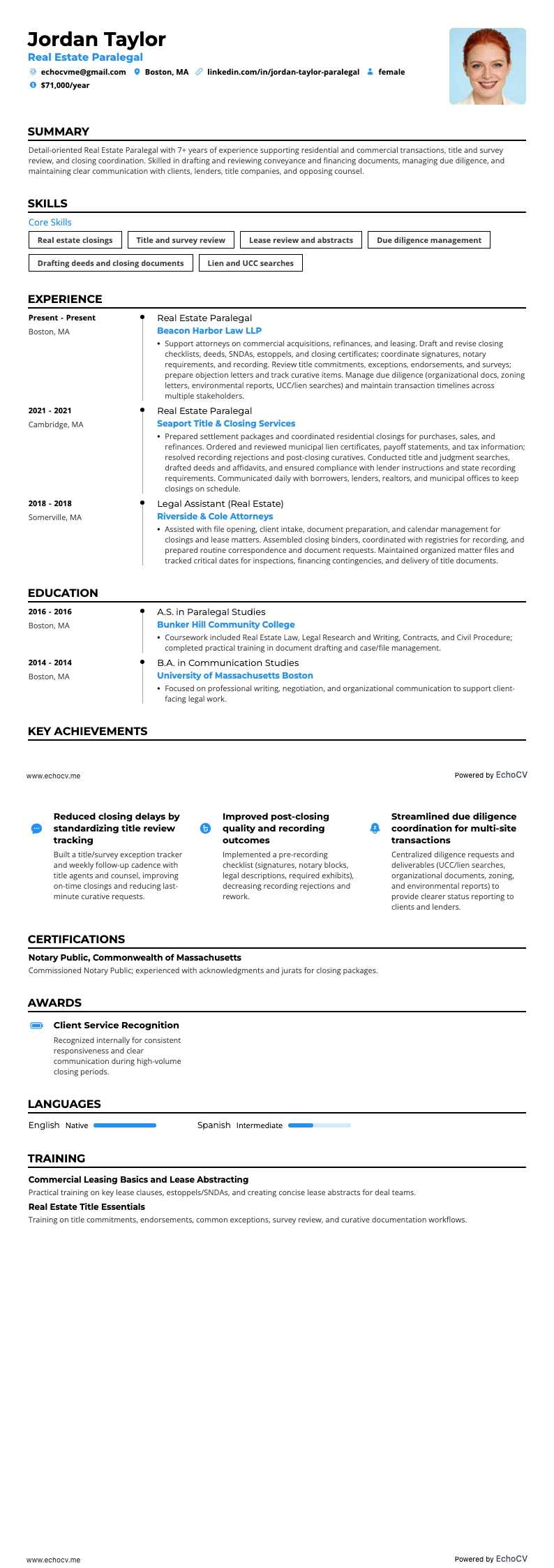 Real Estate Paralegal example resume