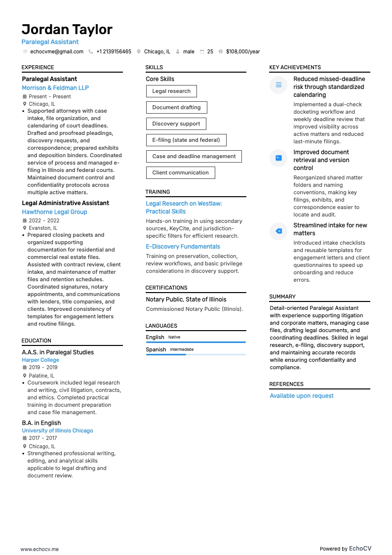 Paralegal Assistant example resume