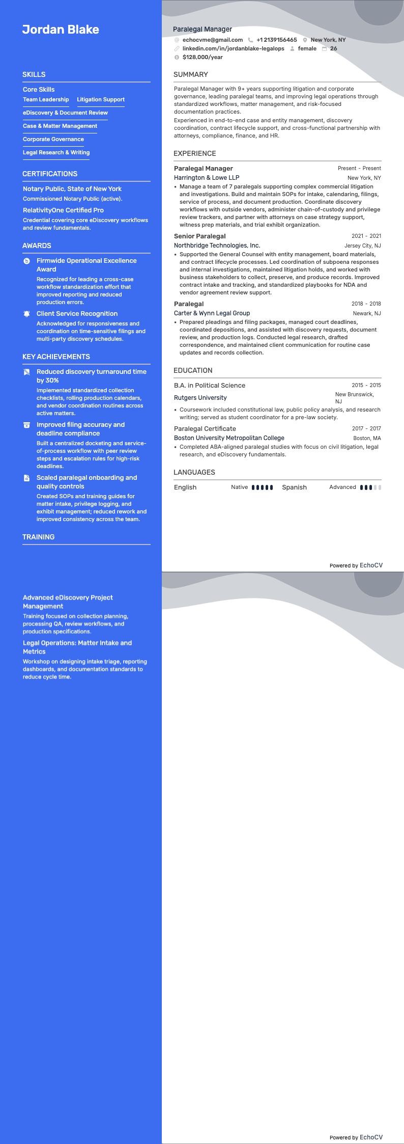 Paralegal Manager example resume