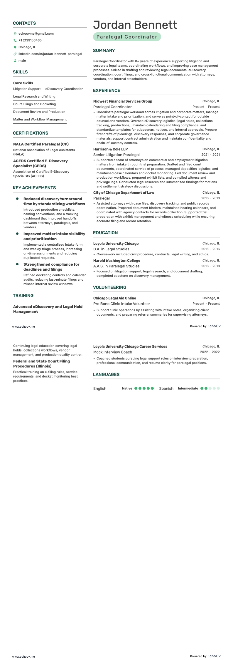 Paralegal Coordinator example resume