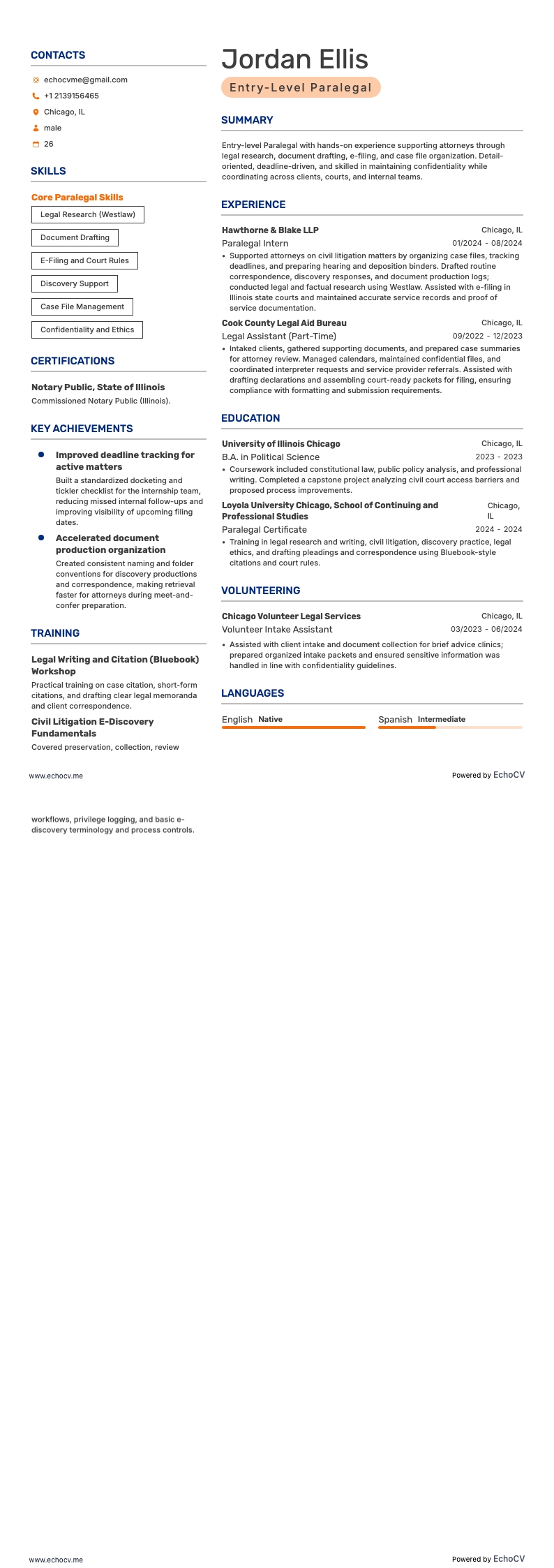 Entry-Level Paralegal example resume