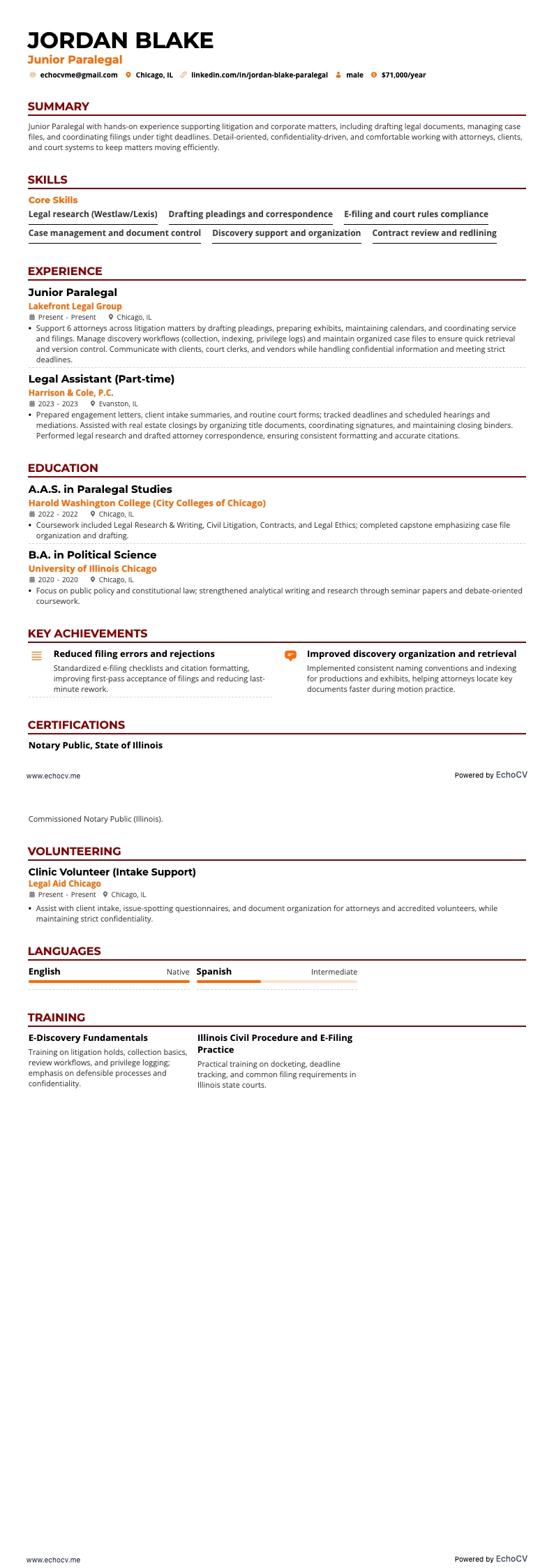 Junior Paralegal example resume