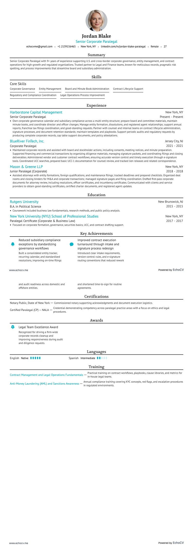 Senior Corporate Paralegal example resume