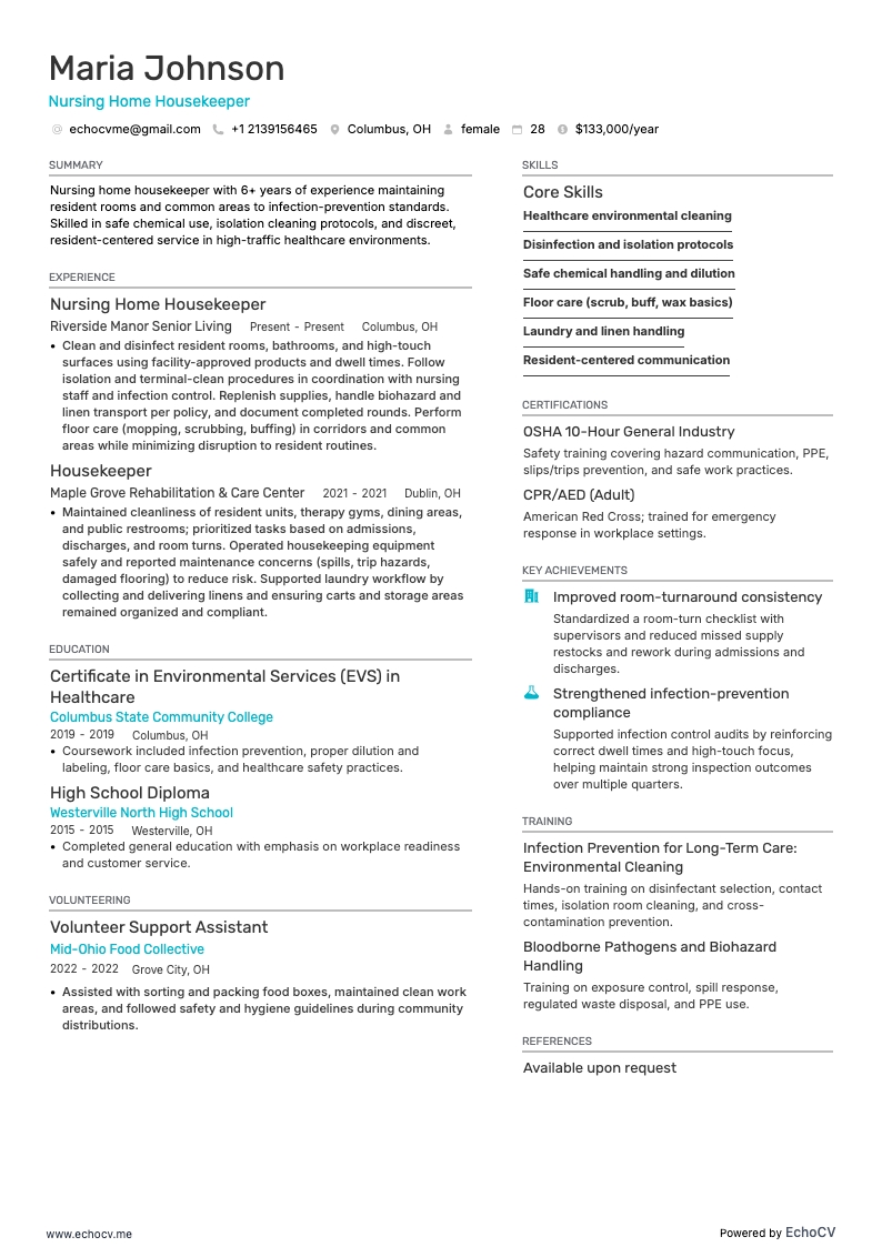 Addetto alle pulizie resume example