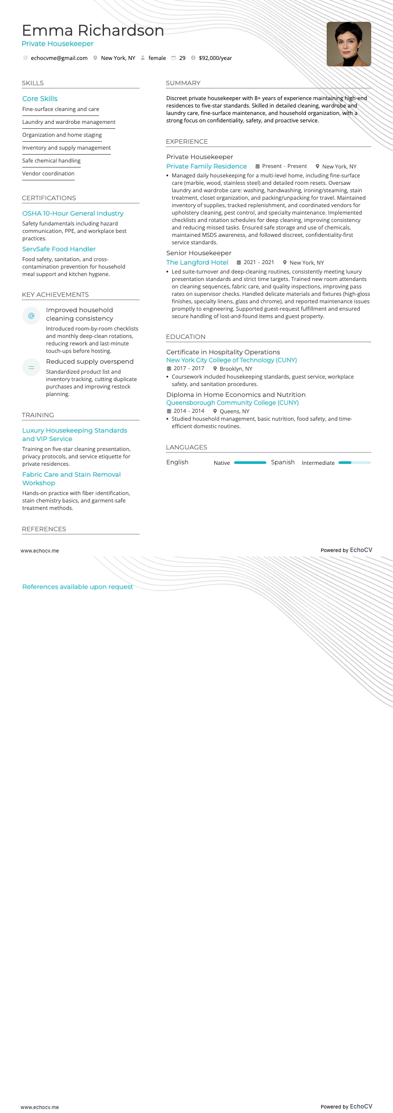 Quản gia tư gia resume example