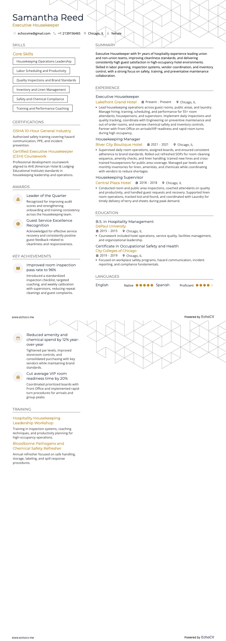 총괄 하우스키퍼 example resume