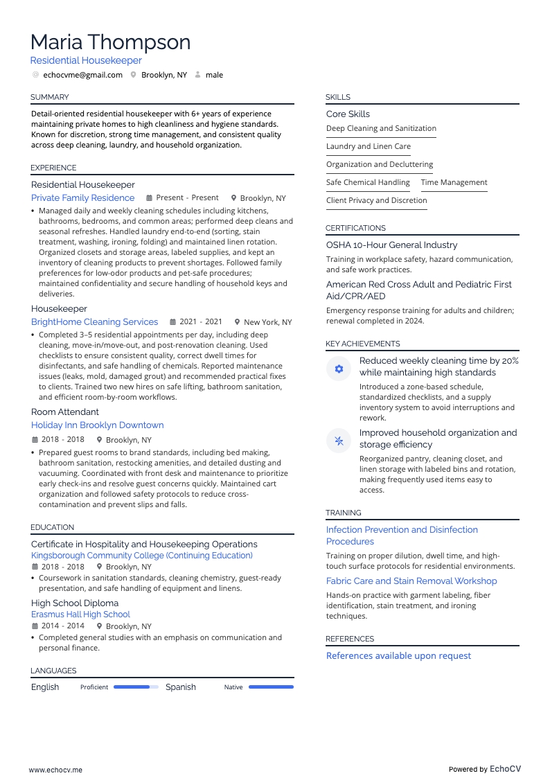 주거 청소 직원 example resume