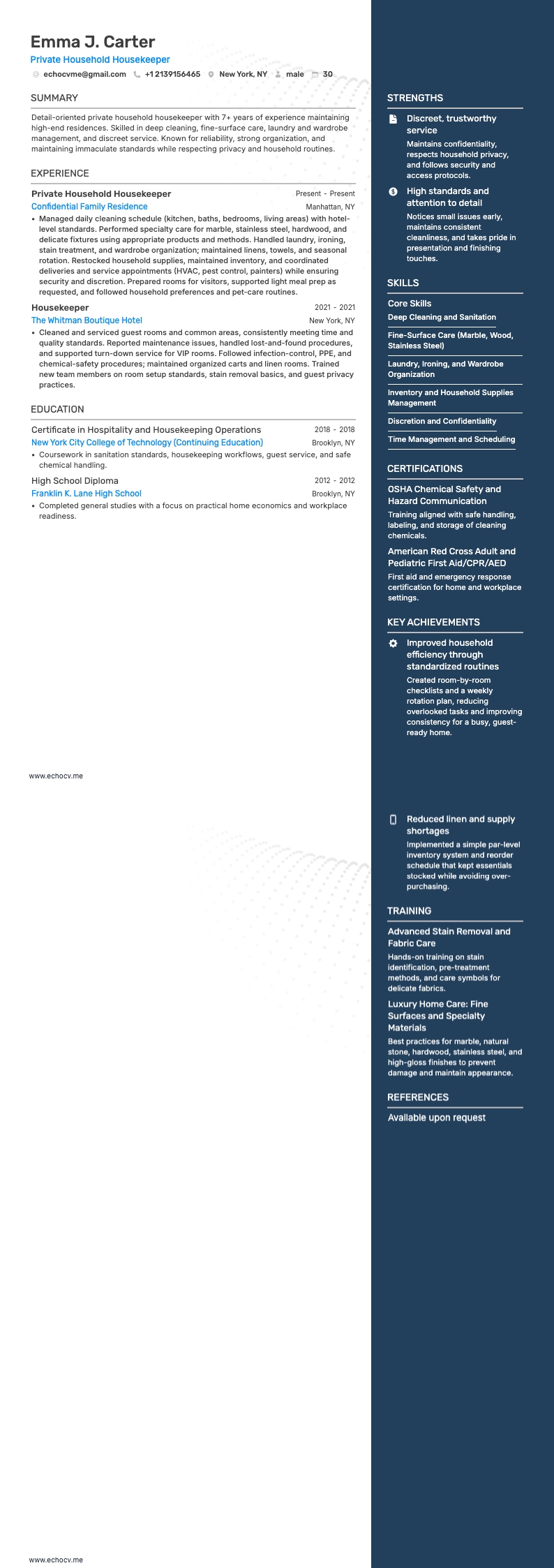 개인 가정 하우스키퍼 example resume