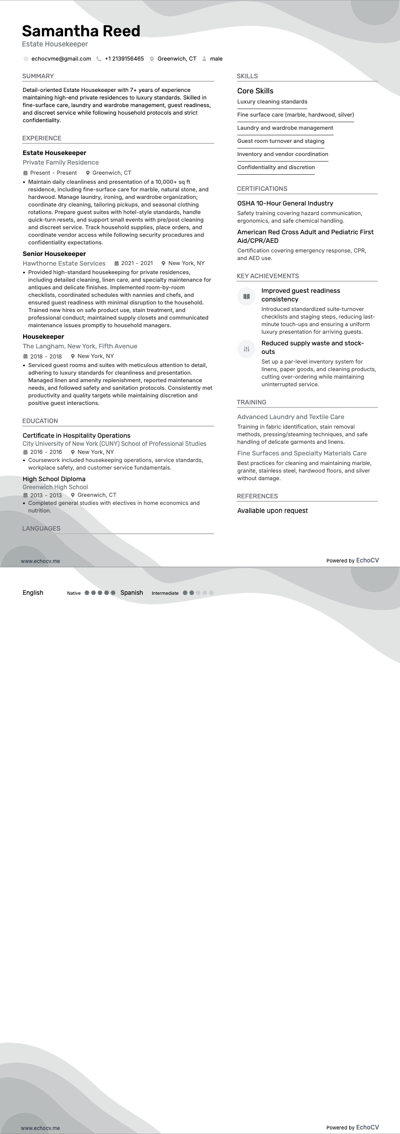 저택 하우스키퍼 example resume