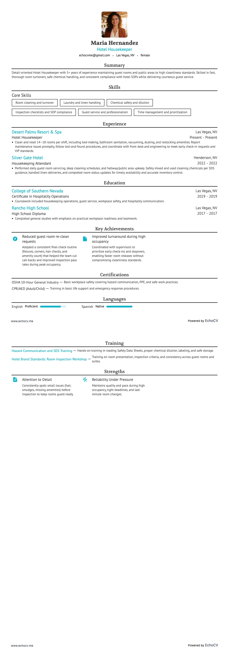 호텔 하우스키퍼 example resume