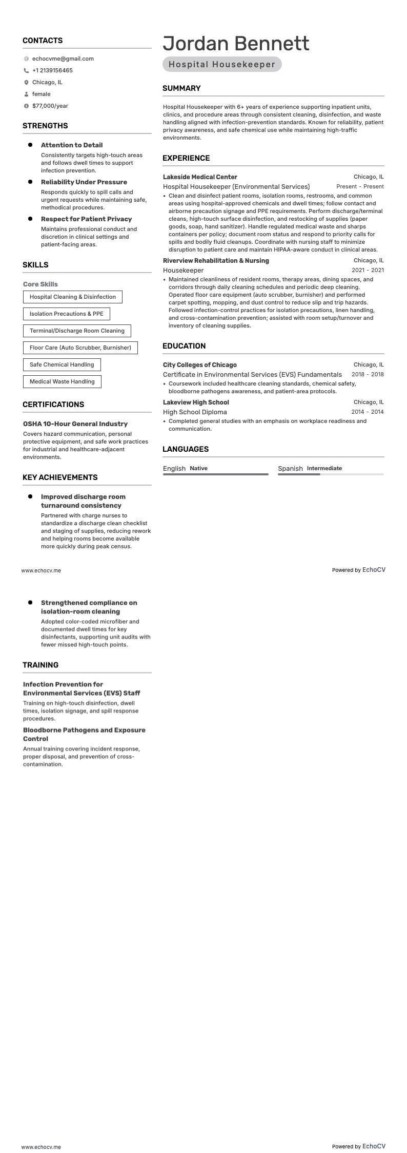 병원 청소원 example resume