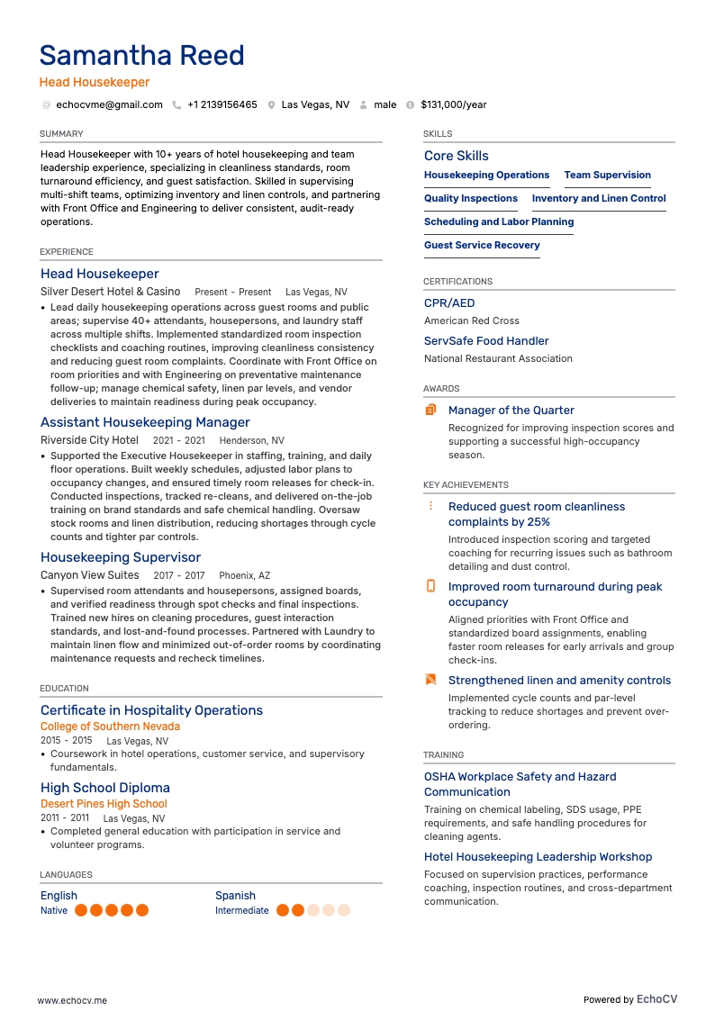 하우스키핑 총괄 example resume