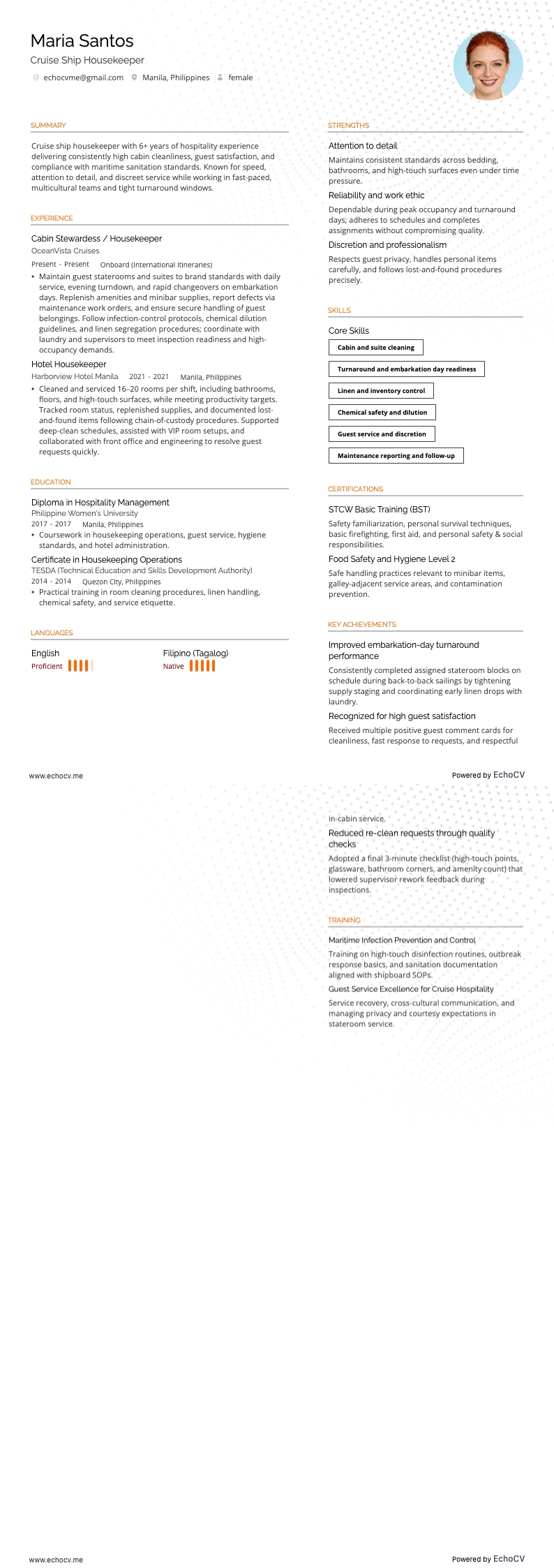 크루즈선 객실 정비원 example resume