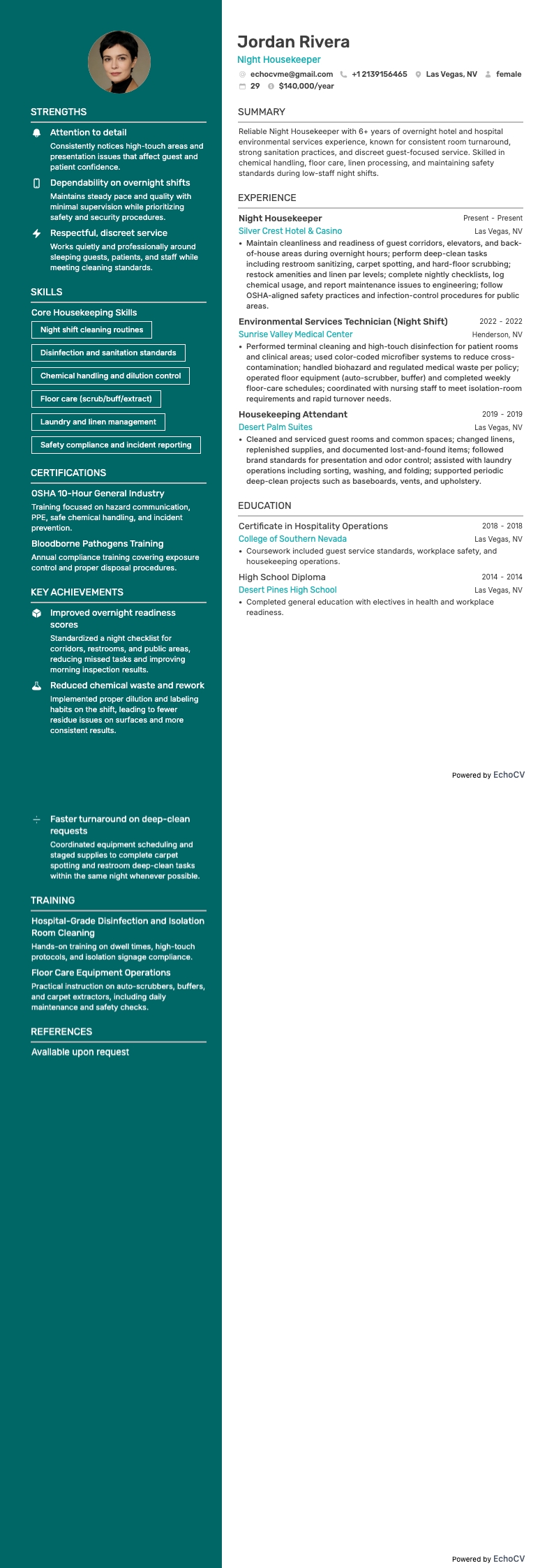 야간 하우스키퍼 example resume