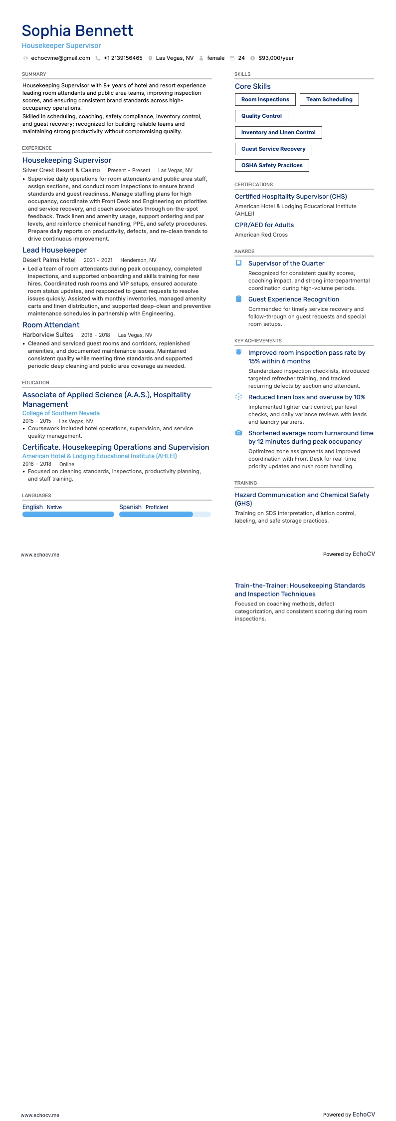 하우스키핑 감독자 example resume