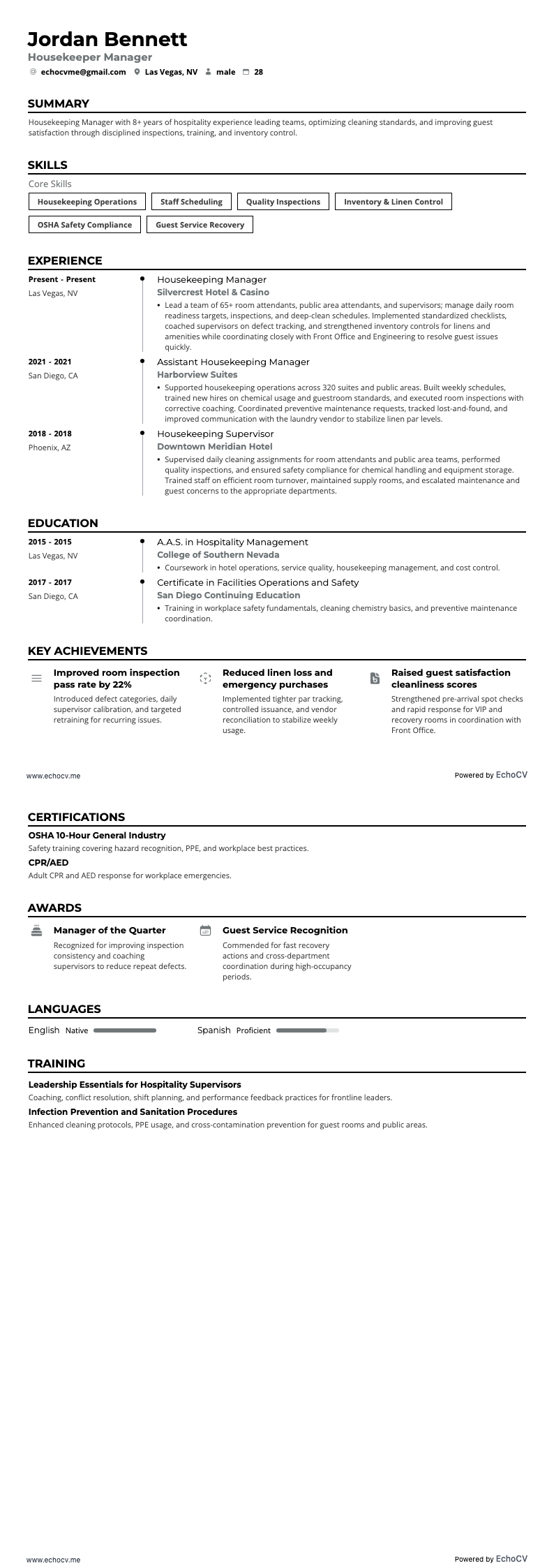 하우스키핑 매니저 example resume