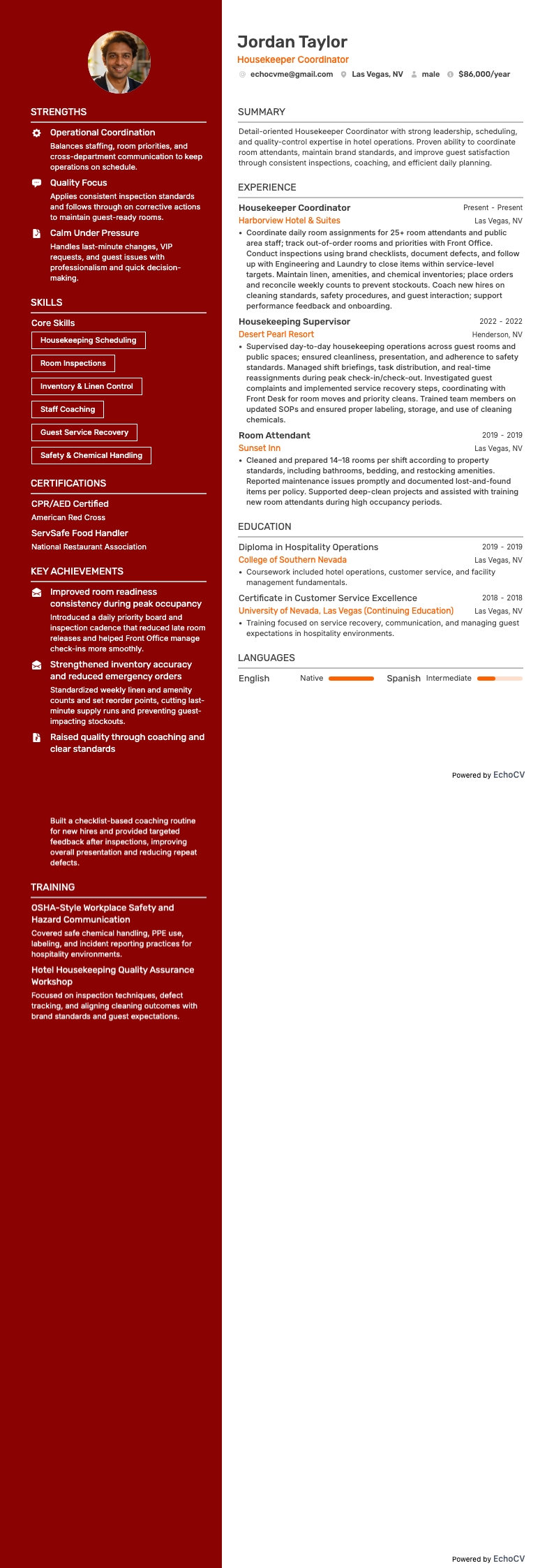 하우스키핑 코디네이터 example resume