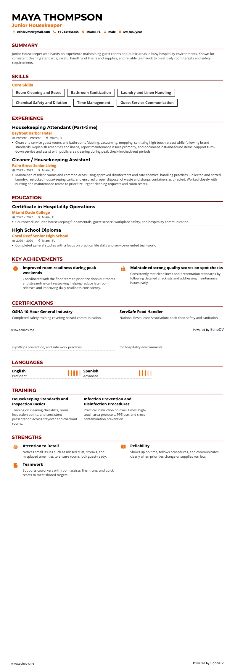 주니어 하우스키퍼 example resume
