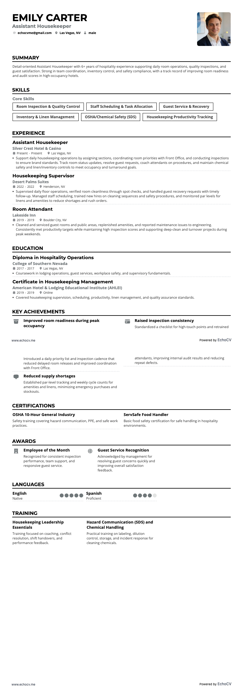 Nhân viên dọn phòng resume example