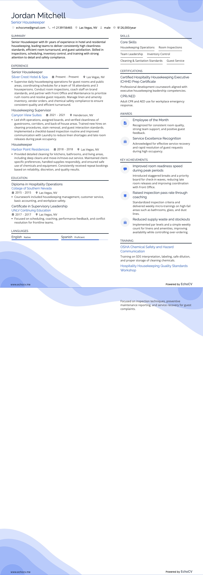 시니어 하우스키퍼 example resume