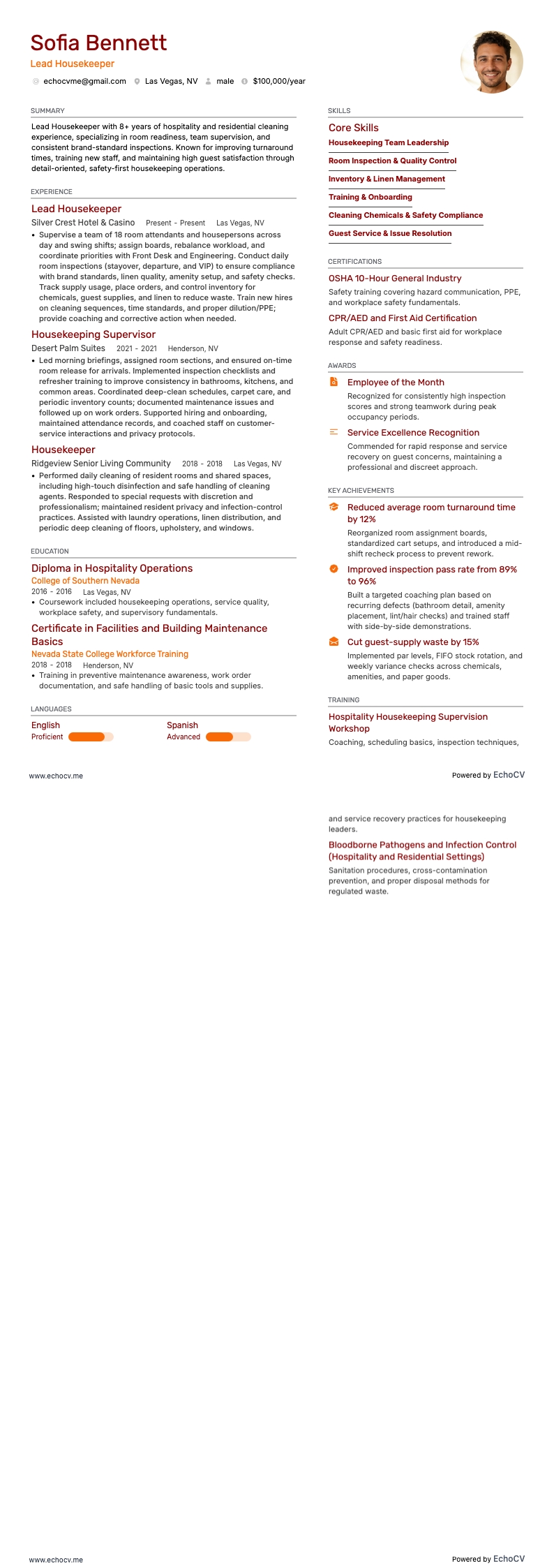 수석 하우스키퍼 example resume