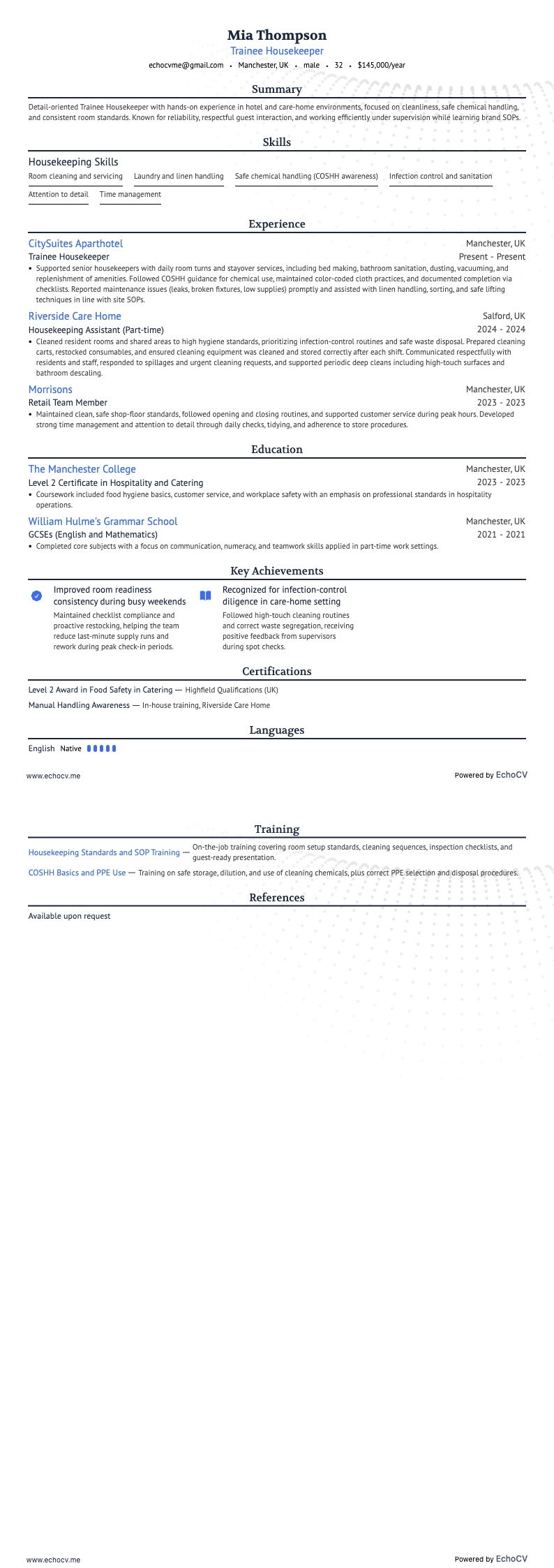 하우스키퍼 연수생 example resume