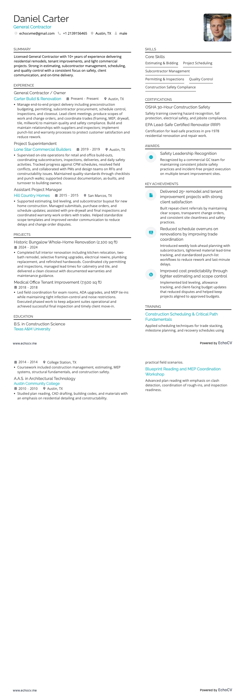 Generalunternehmer example resume