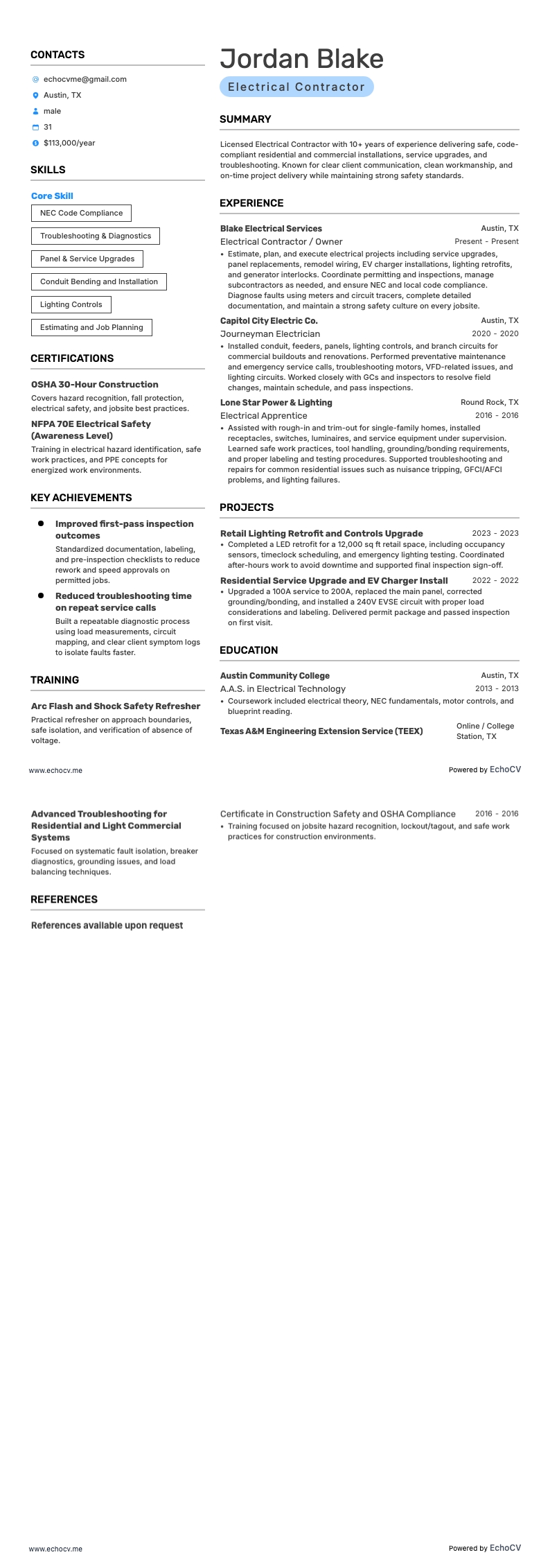 Elektroinstallateur example resume