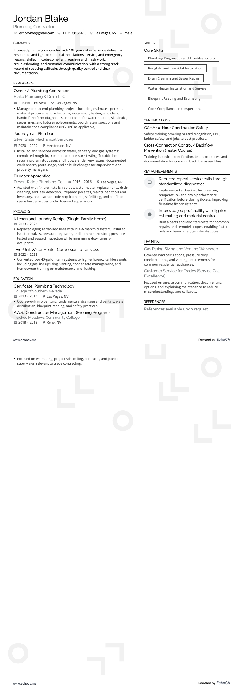 Sanitärinstallateur example resume