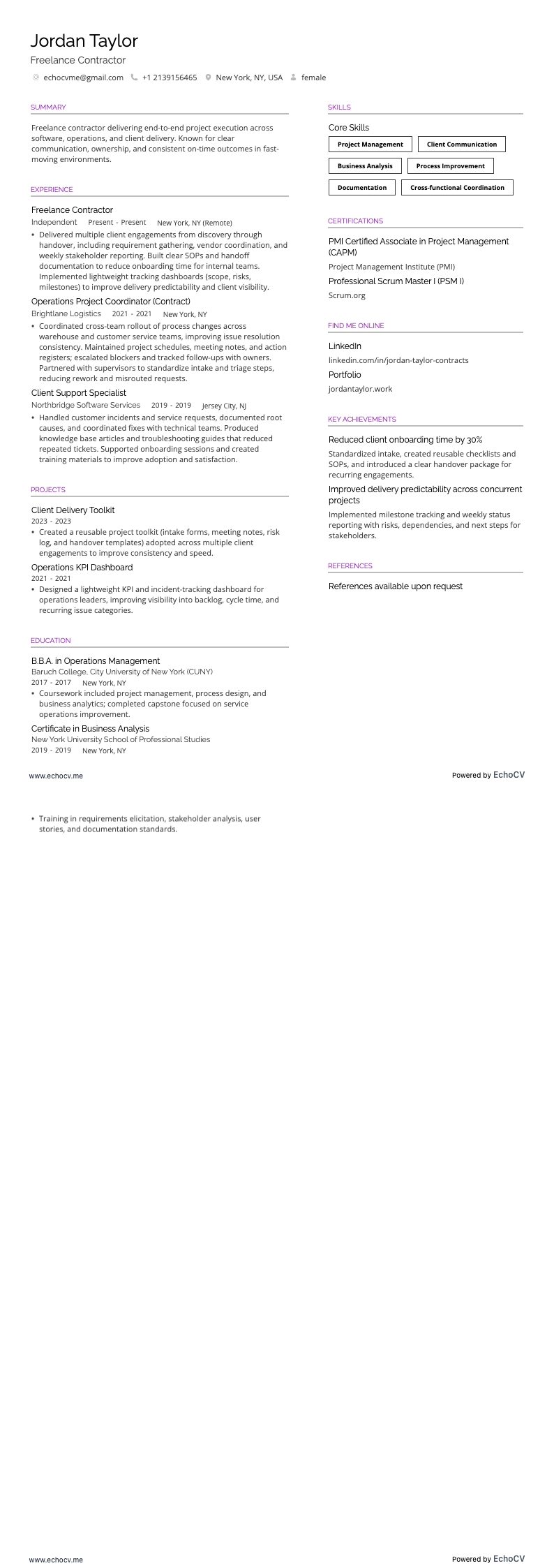 Freiberuflicher Auftragnehmer example resume