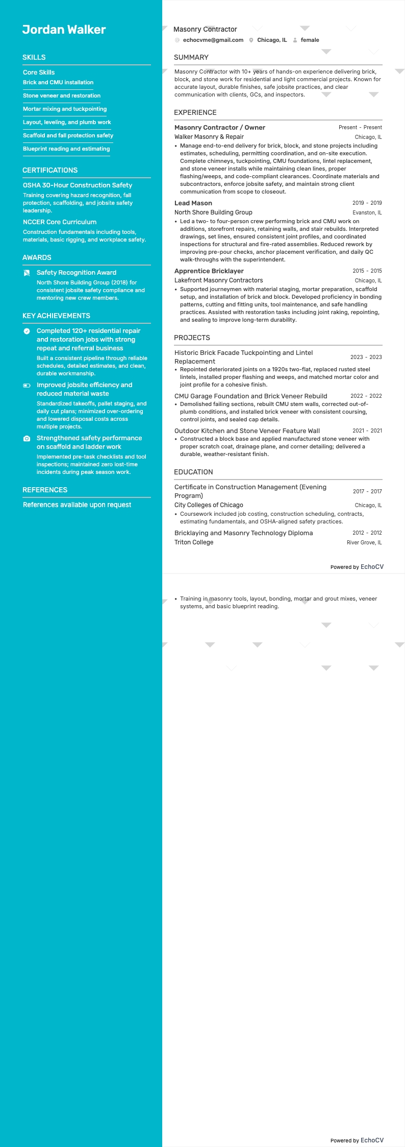 Maurerunternehmer example resume