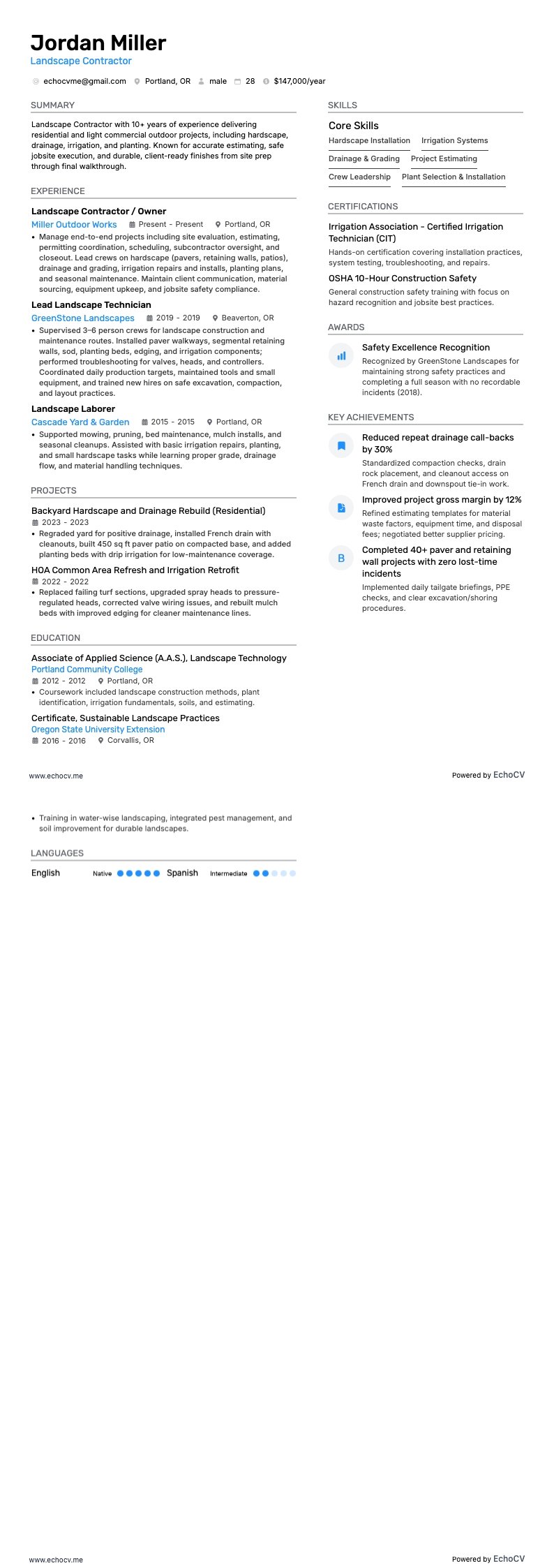 Garten- und Landschaftsbauunternehmer example resume