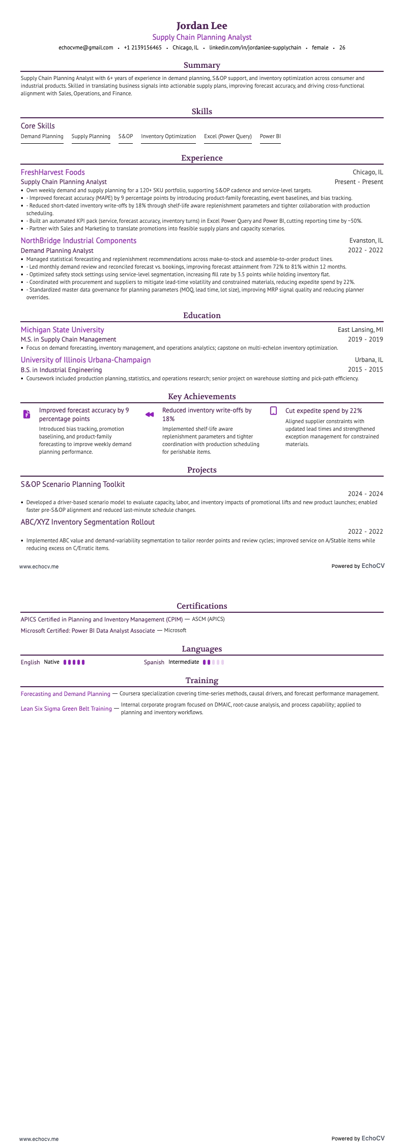 Analyste en planification de la chaîne logistique example resume