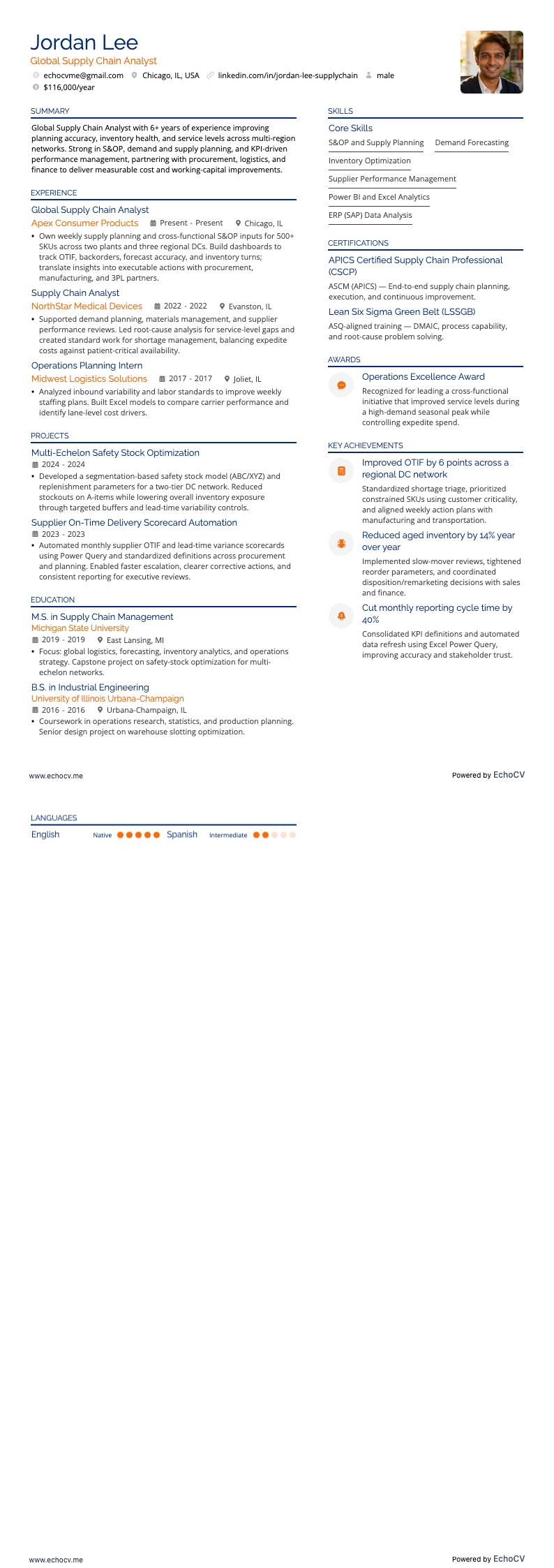 Analyste de la chaîne d’approvisionnement mondiale example resume