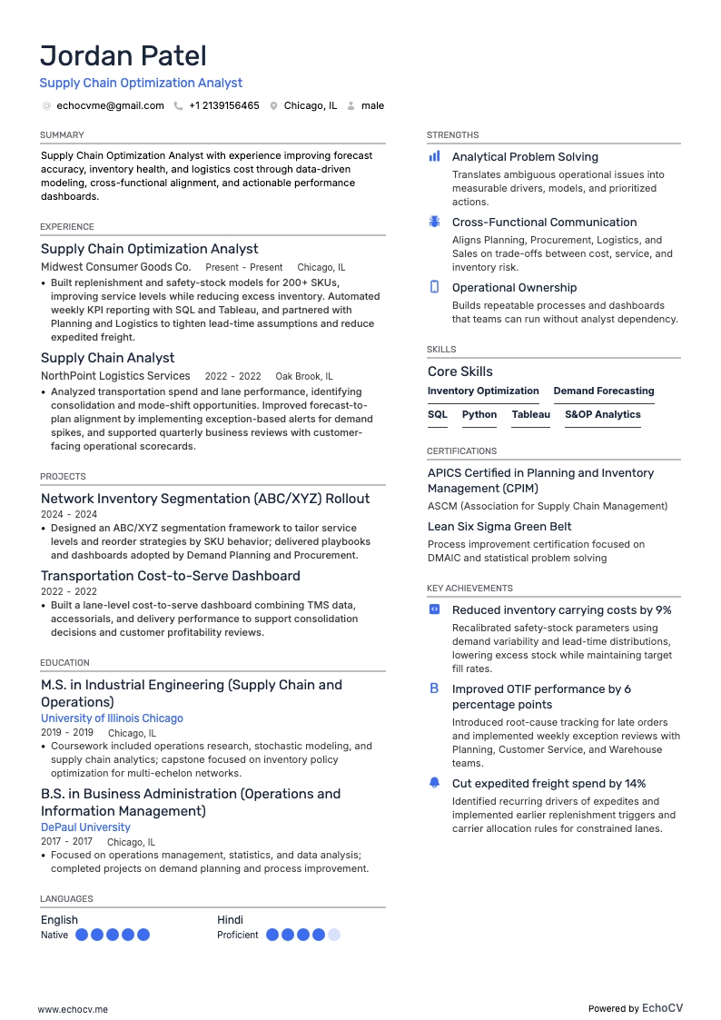 Analyste en optimisation de la chaîne d’approvisionnement example resume