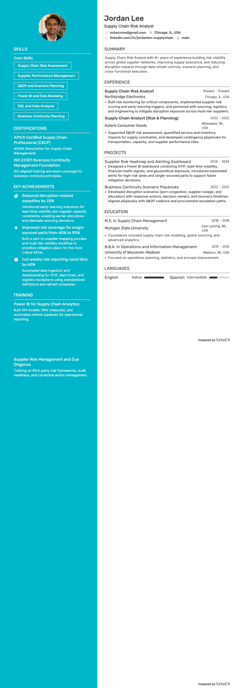 Analyste des risques de la chaîne logistique example resume