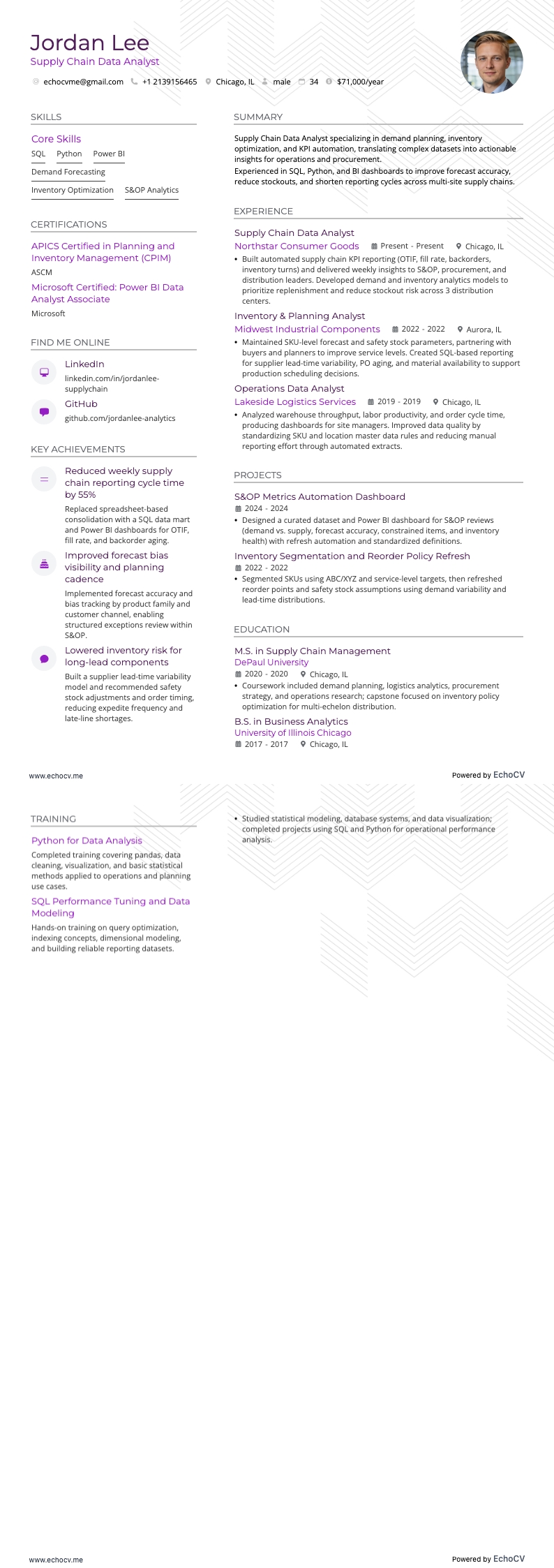 Analyste de données de la chaîne logistique example resume