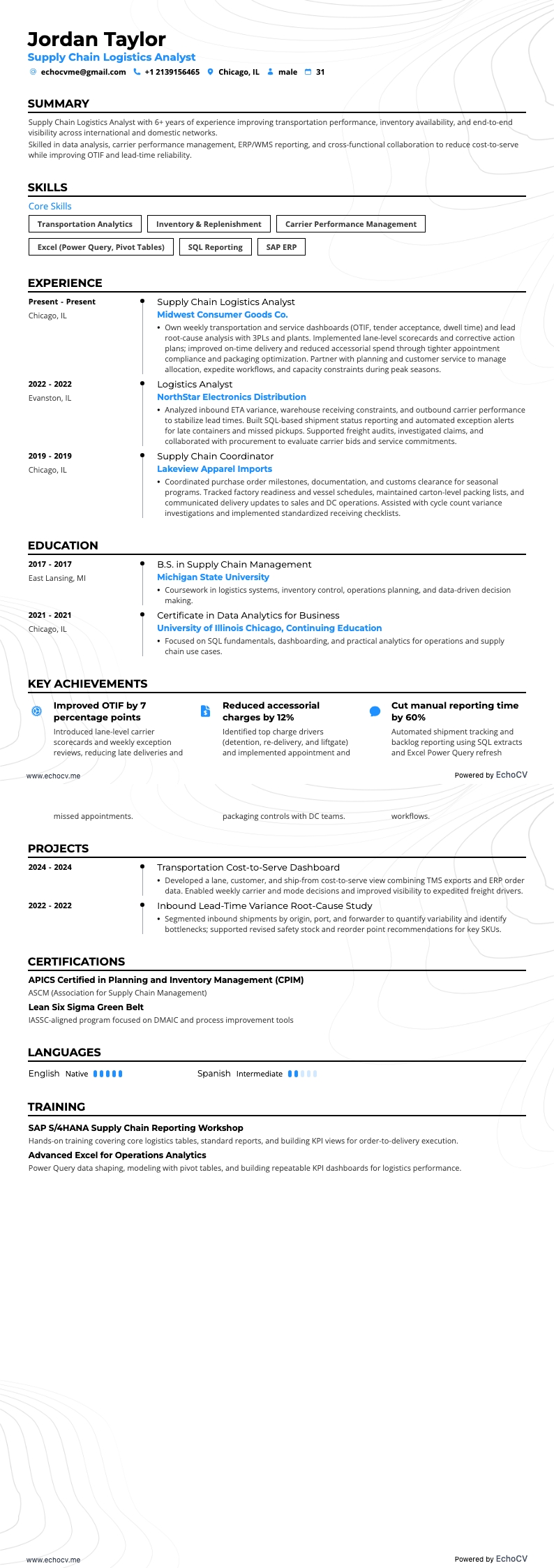 Analyste logistique de la chaîne d’approvisionnement example resume