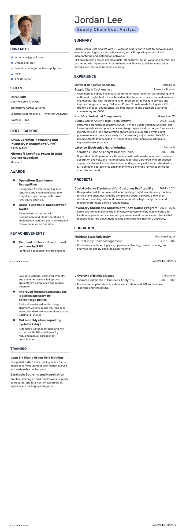 Analyste des coûts de la chaîne logistique example resume