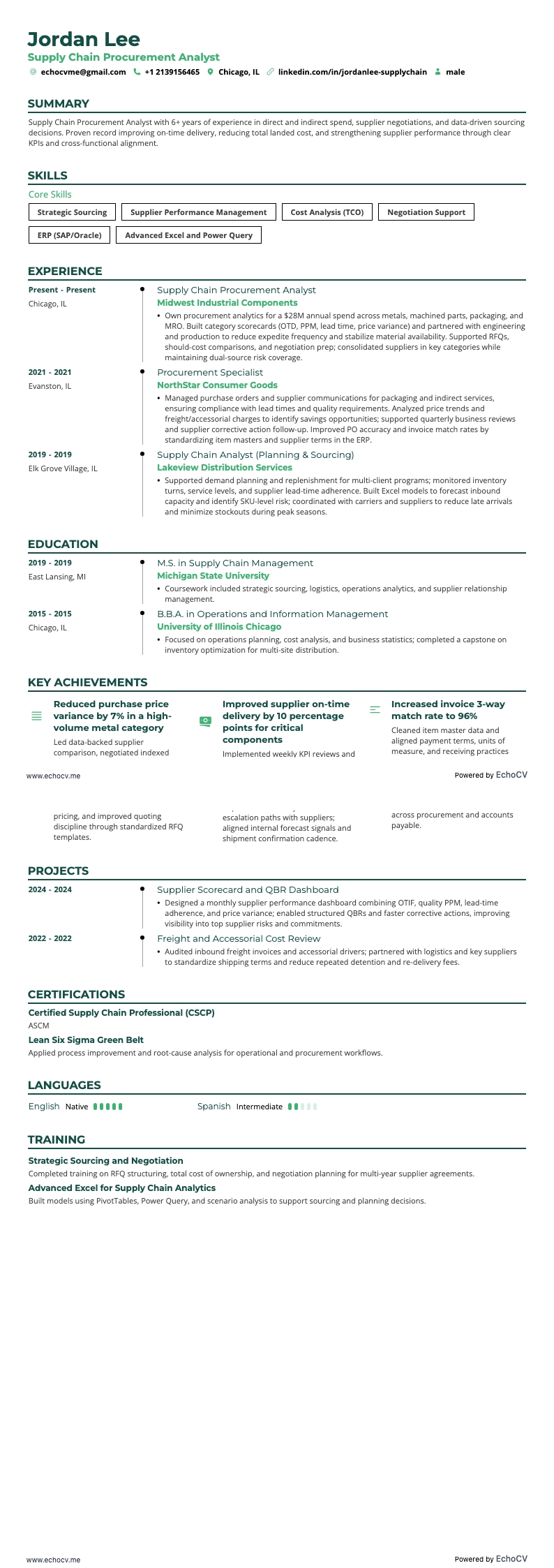Analyste achats de la chaîne logistique example resume
